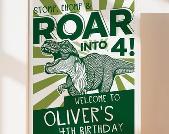 Dinosaur Welcome Board, T-Rex Sign, Tyrannosaurus Rex, Dino, Stomp Chomp Roar into 3 4 5 6, Editable Template, 18x24, 24x36, A2, A1, DINO4