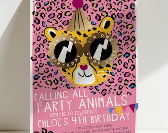 One Cool Cat Birthday Invitation, Cheetah Invite, Leopard Print, Party Animal, Jungle, Safari Party, Girls Bday, Editable Template, LEOP03