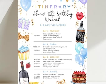 Birthday Weekend Itinerary Template, Party Agenda, Vacation Schedule, 30th 40th 50th Bday, Thirty Forty, Fifty, Instant Download, BDAY01
