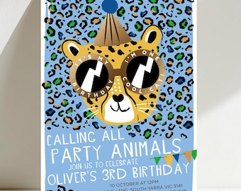 Cheetah Birthday Invitation, One Cool Cat, Party Animal Invite, Cheetah Print, Leopard, Jungle, Safari Party, Boy, Editable Template LEOP03