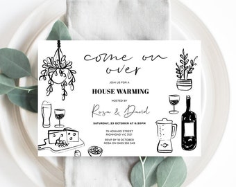 May include: Black and white housewarming invitation with the text "come on over" and "Join us for a housewarming hosted by Roza & David". The invitation includes details for the event, including the date, time, address, and RSVP information.