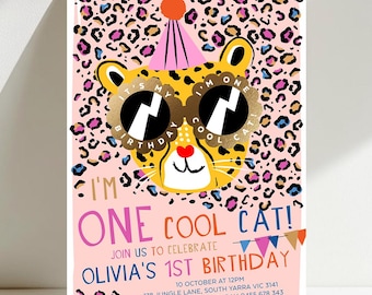 One Cool Cat, Girl 1st Birthday Party Invite, Cheetah Birthday Invitation, Safari, Party Animals First Birthday, Editable Template, LEOP03