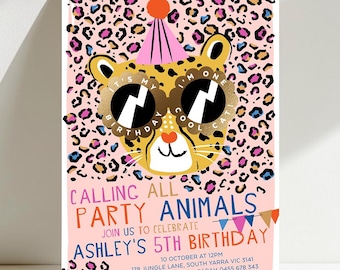 Cheetah Birthday Invitation, One Cool Cat, Party Animal Invite, Cheetah Print, Leopard, Jungle, Safari Party, Girl, Editable Template LEOP03