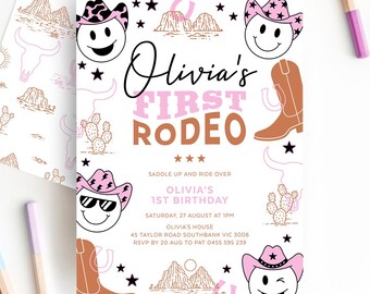 This Is My First Rodeo Invitation, Baby Girl Birthday Invite, Wild West, Desert, Cowboy, Smiley Face, Emoji, Editable Template, WILD03