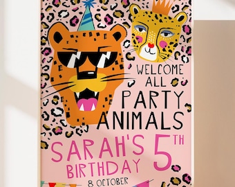 Welcome Sign Poster, Cheetah Birthday Banner, Calling All Party Animals, Leopard Decorations, Editable Template, 18x24, 24x36, A2, A1 LEOP03