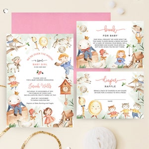 Kinderliedje baby shower meisje uitnodiging met boek voor baby, luier loterij kaart, set bundel, bewerkbare sjabloon Instant Download NRHY01 roze