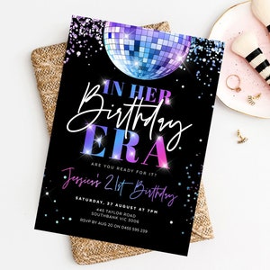 In Her Birthday Era Party Invitation, Era Invite, Disco Ball, Holographic Glitter, Girls Birthday, Adult, Women, Editable Template, ERA01