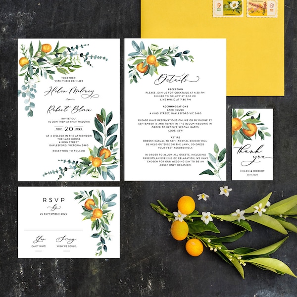 Citrus Wedding Invitation Template Download, Fruit and Flowers Invite Printable Set, Clementine, Kumquat Leaves, Summer Botanical, CIT01