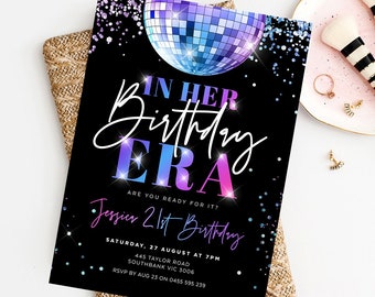 In Her Birthday Era Party Invitation, Era Invite, Disco Ball, Holographic Glitter, Girls Birthday, Adult, Women, Editable Template, ERA01