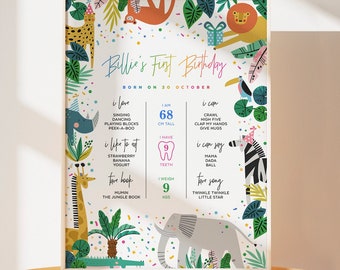 First Birthday Milestone Sign, Boy, Girl, Safari Animals, Party Animal, Rainbow Confetti, Editable Template, 18x24, 24x36, A2, A1, SAF02