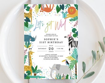 Let's Get Wild Birthday Invitation, Jungle, Safari Animals, 21st, 30th, 40th, Boy, Girl, Teen, Adult Bday, Rainbow Confetti, Template, SAF02