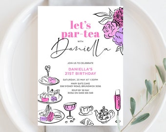 Let's Par-Tea Invitation, Tea Party Birthday Invitation, High Tea Floral, Bridal Shower, Hand Drawn Illustrations, Editable Template, DOD06