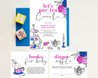 Let's Par-Tea Baby Shower Invitation, Tea Party, Gender Reveal, Boy or Girl, High Tea Garden, Doodle, Modern Invite, Editable Template DOD06