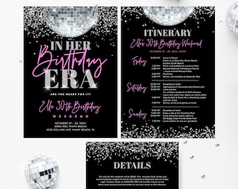 In Her Birthday Era with Itinerary Template, End Of An Era, Disco Ball, Silver Glitter, Retro, Turning 21, 30, 40, Editable Download, ERA01