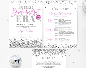 In Her Bachelorette Era with Itinerary Template, Hens Party, End Of An Era, Disco Ball, Silver Glitter, Pink, Glam, Editable Download, ERA01