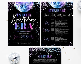 In Her Birthday Era with Itinerary Template, Birthday Weekend, Girls Trip Timeline, Disco Ball, Holographic Glitter, Editable Invite, ERA01