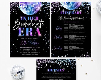 In Her Bachelorette Era with Itinerary Template, Hens Party, End Of An Era, Disco Ball, Holographic Glitter, Editable Download, DIY, ERA01