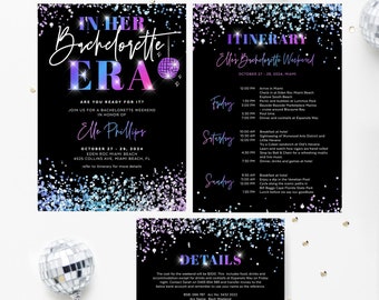 In Her Bachelorette Era with Itinerary Template, Hens Party, End Of An Era, Disco Ball, Holographic Glitter, Pink, Editable Download, ERA01