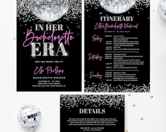 In Her Bachelorette Era with Itinerary Template, Hens Party, End Of An Era, Disco Ball, Silver Glitter, Shimmer, Editable Download, ERA01