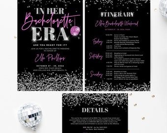 In Her Bachelorette Era with Itinerary Template, Hens Party, End Of An Era, Disco Ball, Silver Glitter, Pink, Glam, Editable Download, ERA01