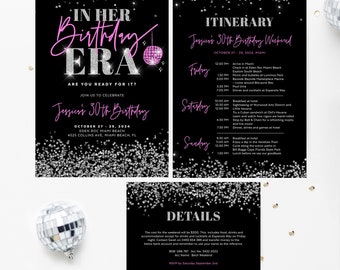 In Her Birthday Era with Itinerary Template, Birthday Weekend, Girls Trip, Disco Ball, Sequins, Silver Glitter, DIY Editable Invite, ERA01