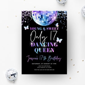Op de afbeelding: Een zwarte en paarse verjaardagsuitnodiging met een discobal, vlinders en de tekst "YOUNG & SWEET Only 17 DANCING QUEEN Jessier's 17th Birthday SATURDAY, 27 AUGUST AT 7PM 445 TAYLOR ROAD SOUTHBANK VIC 3006 RSVP BY AUG 20 ON 0455 595 239"