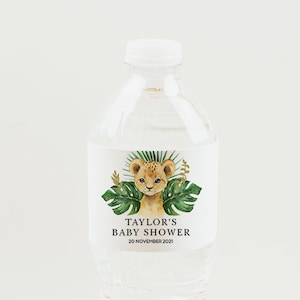 Etiqueta de botella de agua del Rey León, Baby Shower, Decoración de fiesta de cumpleaños, Simba, Safari, Tema de la selva, Plantilla editable, Descarga instantánea, JUNG01