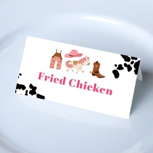 Cowboy Food Labels, Western Birthday Party, Food Tents, Flat and Folded, Place Cards, Wild West, Rodeo Theme, Girl, Editable Template NASH02