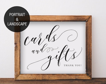 Cards And Gifts Sign Printable, Available As Portrait And Landscape, Modern Script, Black & White, Instant Download 5x7, 8x10, A4, T001