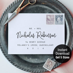 Modello busta indirizzo per invito, indirizzamento restituzione carta RSVP, A7, 6x6, C5, A1, C6, bianco e nero, modificabile, download istantaneo EN01