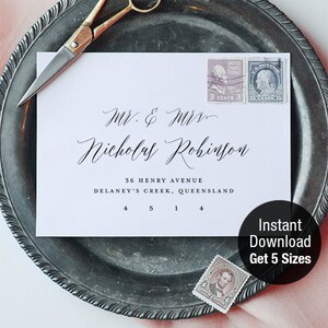 Plantilla de sobre con dirección para invitaciones, dirección de devolución de tarjeta RSVP, A7, 6x6, C5, A1, C6, texto 100 % editable, bricolaje, descarga instantánea F001