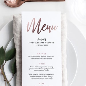 Rose Gold Menü Vorlage, druckbare Dinner Karte, lange Tee Länge, Brautparty, 3.75x9, 90x228mm, bearbeitbar in Templett, Instant Download T1