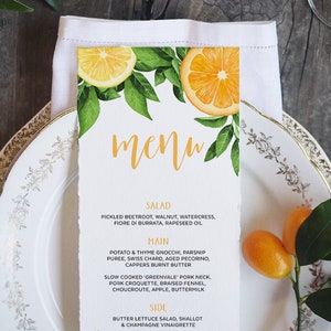 Modelo de menu, frutas cítricas, limão, aniversário, despedida de solteira, casamento, 3,75x9", 90x228mm, modelo editável, download instantâneo, CIT05