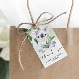 Koala Bär Dankeschön Tag, Gastgeschenk Etikett, erste Geburtstagsparty, Eukalyptus, australisches Tier, bearbeitbare Vorlage, Sofort Download, BEAR01