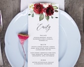 Burgundy Dinner Menu Card with Guest Names on It, Printable Template, 5x7, 3.75x9, Long Length, Editable in Templett, Instant Download F001