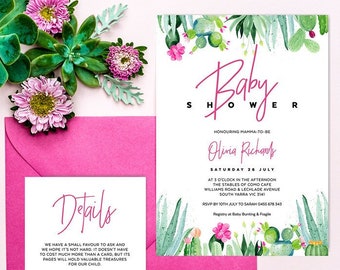 May include: Pink and green baby shower invitation with a cactus illustration. The invitation includes the text "Baby Shower" and "Honoring Mamma-to-be Olivia Richany". The event is scheduled for Saturday, July 26th at 3:00 PM at The Stables of Como Cafe in South Tarra, VIC 3141. RSVP by July 10th to Sarah 0455 678 343. Registry at Baby Bunting & Fragile.