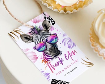 Thank You Tag, Favor Tags, Zebra, Safari Theme, Jungle Birthday, Party Animal, Zoo, Tropical, Editable Template, Instant Download, LEOP01