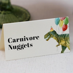 Etiquetas de comida de dinossauro, aquarela T-Rex, aniversário de ácaro Dino, barracas de comida de tiranossauro, planas e dobradas, cartões de lugar, modelo editável, DINO2