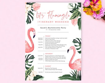 Flamingo Bachelorette Reiseplan Vorlage, Hennen Wochenende, Geburtstag, Hochzeit, Tropisch, Strandparty, Agenda, bearbeitbar, Sofort Download, FLAM01