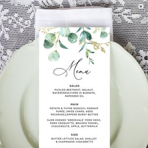 Modelo para impressão de cartão de menu de jantar DIY, eucalipto verde, escrita moderna, comprimento longo 3,75x9, editável em Templett, download instantâneo G008