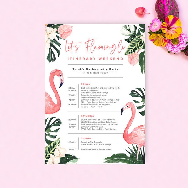 Flamingo Bachelorette Itinerary Template, Hens Weekend, Birthday, Wedding, Tropical, Beach Party, Agenda, Editable, Instant Download, FLAM01