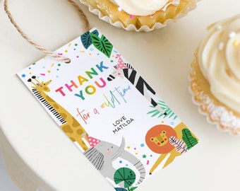 Safari Thank You Tags, Favor Gift Label, First Birthday Party, Confetti, Jungle Theme, Zoo Animals, African Friends, Editable Template SAF02