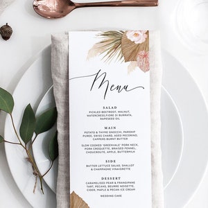 Modello stampabile carte menu cena, idee per la decorazione di feste in tavola, erba di pampa, foglie secche naturali, rosa cipria, download istantaneo GRASS01