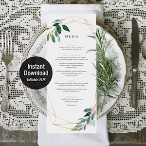 Greenery Dinner Menu Card Printable, 3,75x9,25", Geometrisch, Eukalyptusblatt, bearbeitbar in Acrobat Reader, PDF-Vorlage, Sofortiger Download 01
