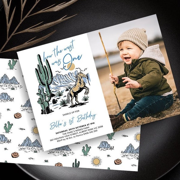 How The West Was One Invitation, Baby Boy Birthday Invite With Photo, Wild West, Horse, First Rodeo, Cowboy Hat, Editable Template, WILD01