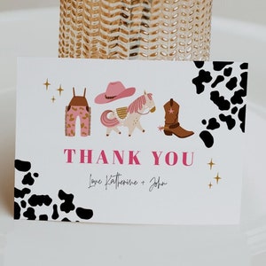 Chá de bebê de cowboy rosa, obrigado, lembrancinha de festa de menina, branco dobrado, oeste selvagem, tema de rodeio, impressão de vaca, download de modelo editável, NASH02