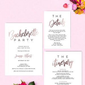 Rose Gold Bachelorette uitnodiging, reisplan en details kaartsjabloon set, minimalistisch, eenvoudig, DIY, bewerkbaar in Templett, Instant Download