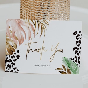 Tarjeta de agradecimiento, Tropical, Tema de la selva, Hoja, Estampado de leopardo, Guepardo, Safari, Plegado de 3,5x5", Plantilla editable, Descarga instantánea, TROP07
