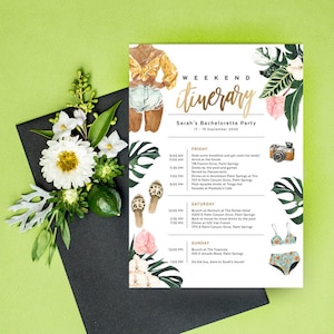 Bachelorette Itinerary, Editable Template, Hen Weekend, Birthday, Wedding, Beach Theme, Tropical Palm Leaf, Summer, Instant Download, TROP10
