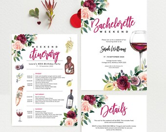 Invitación a despedida de soltera en bodega, plantilla de itinerario, invitación a vino, fin de semana de degustación de vinos, imprimible editable, descarga instantánea, WINE01